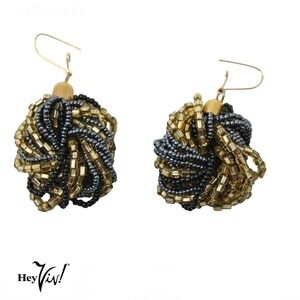 Vintage 80s Pierced Gold Black Beaded Cluster Drop Earrings 1.25" - Hey Viv